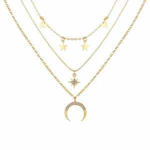 Gold Plated Trendy Star & Moon Layered Charm Choker Necklace