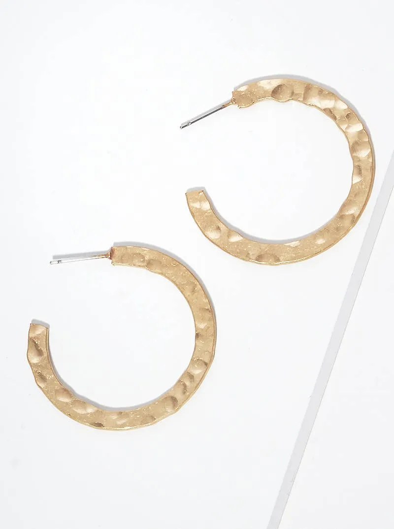 Hammered Flat Round Metal Hoop Earrings in Gold