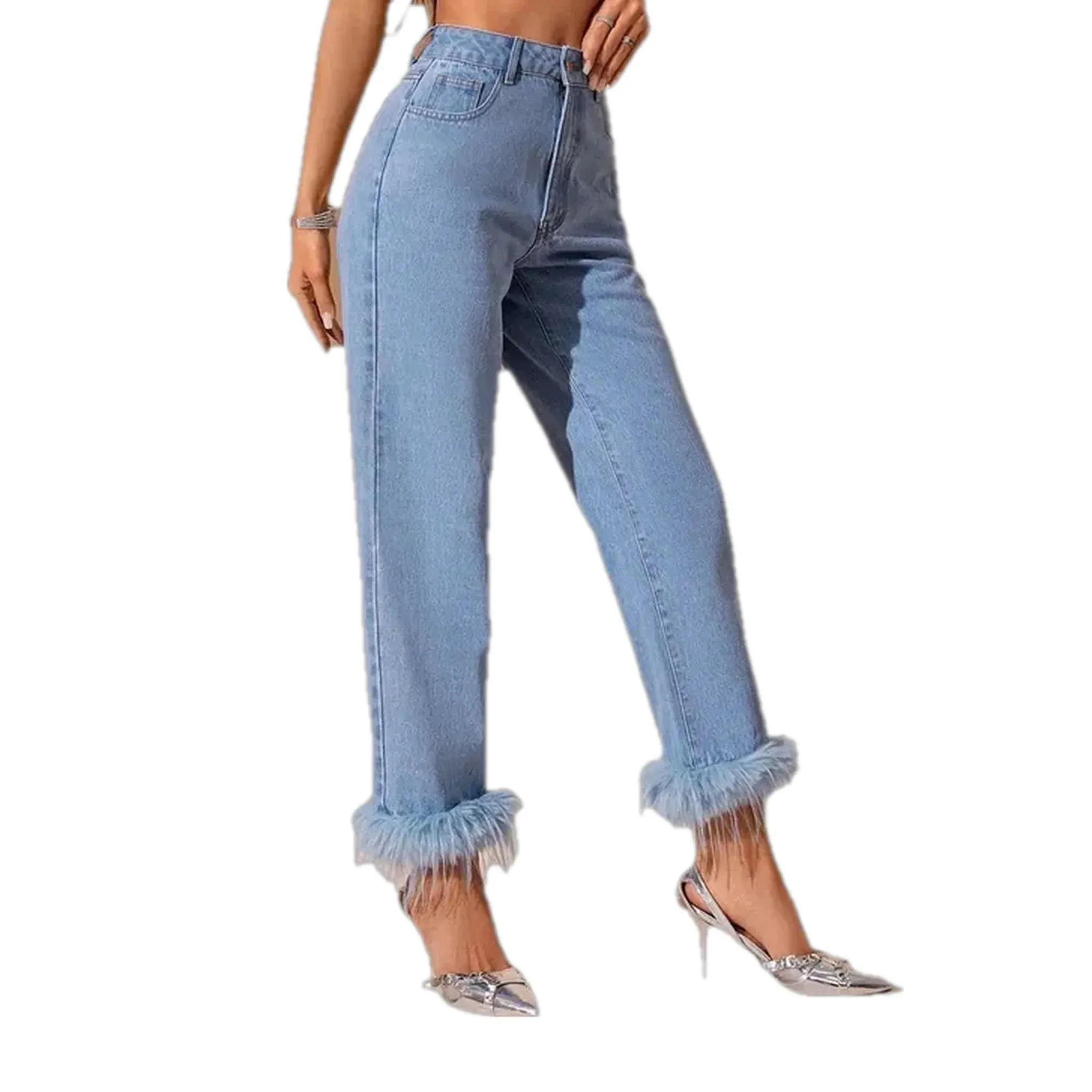 High rise feather hem women's jeans