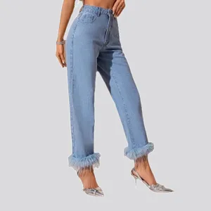 High rise feather hem women's jeans
