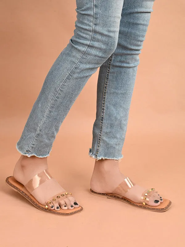Hydes N Hues Tranparent With Golden Studs Flat Sandal For Women