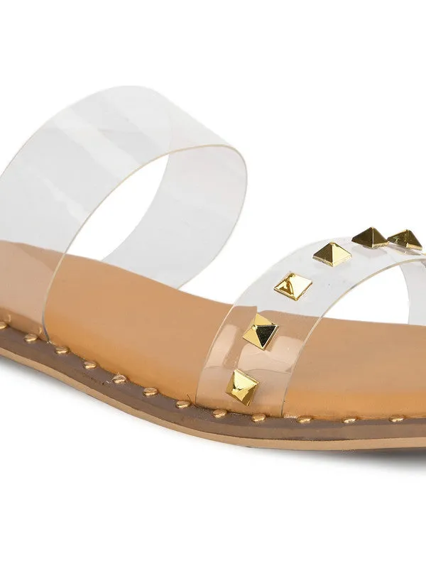 Hydes N Hues Tranparent With Golden Studs Flat Sandal For Women