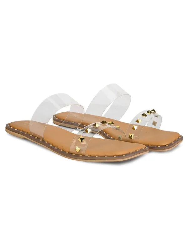 Hydes N Hues Tranparent With Golden Studs Flat Sandal For Women