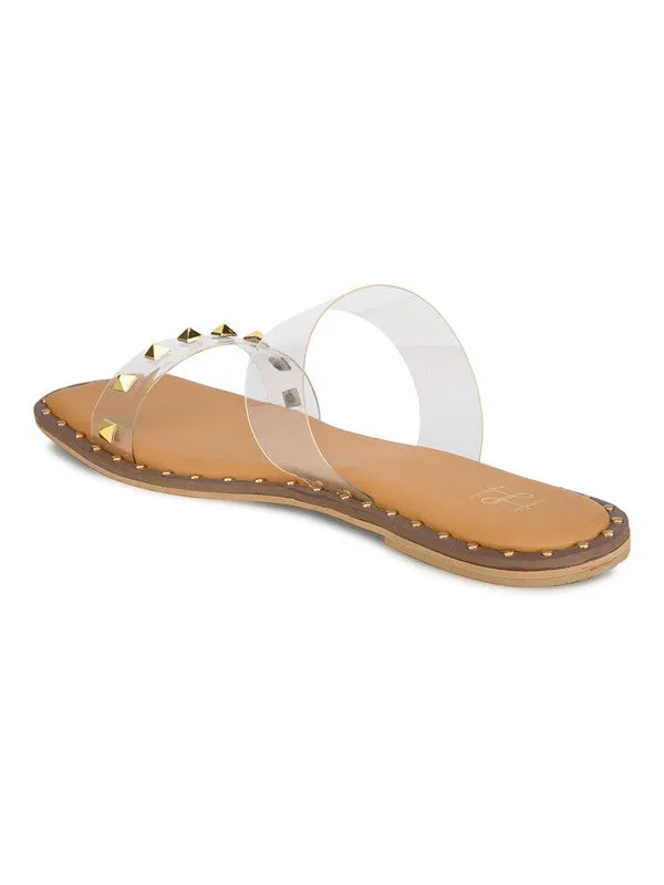 Hydes N Hues Tranparent With Golden Studs Flat Sandal For Women