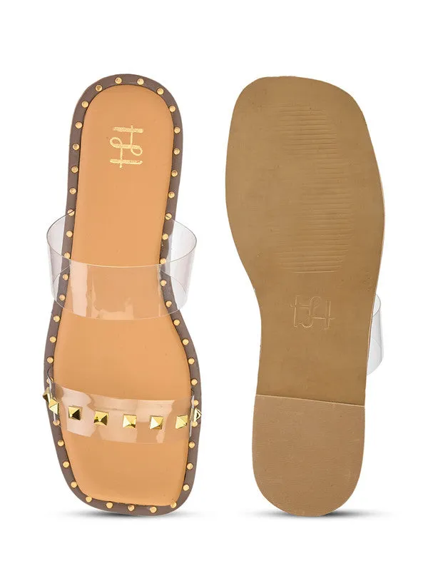 Hydes N Hues Tranparent With Golden Studs Flat Sandal For Women