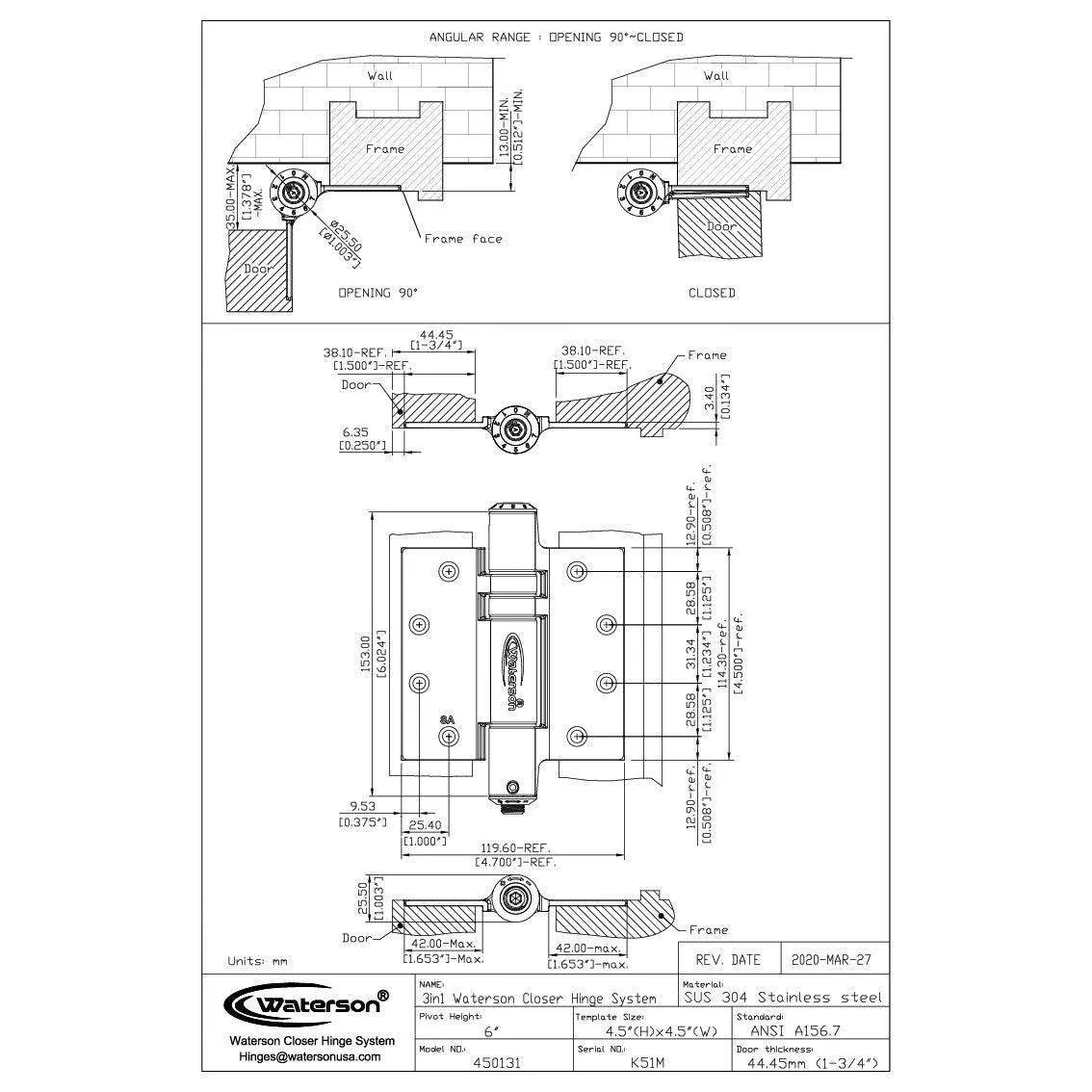 Hydraulic Door Hinges | Interior Half Door | SS304 | K51M-450-B2 | 2 Pack