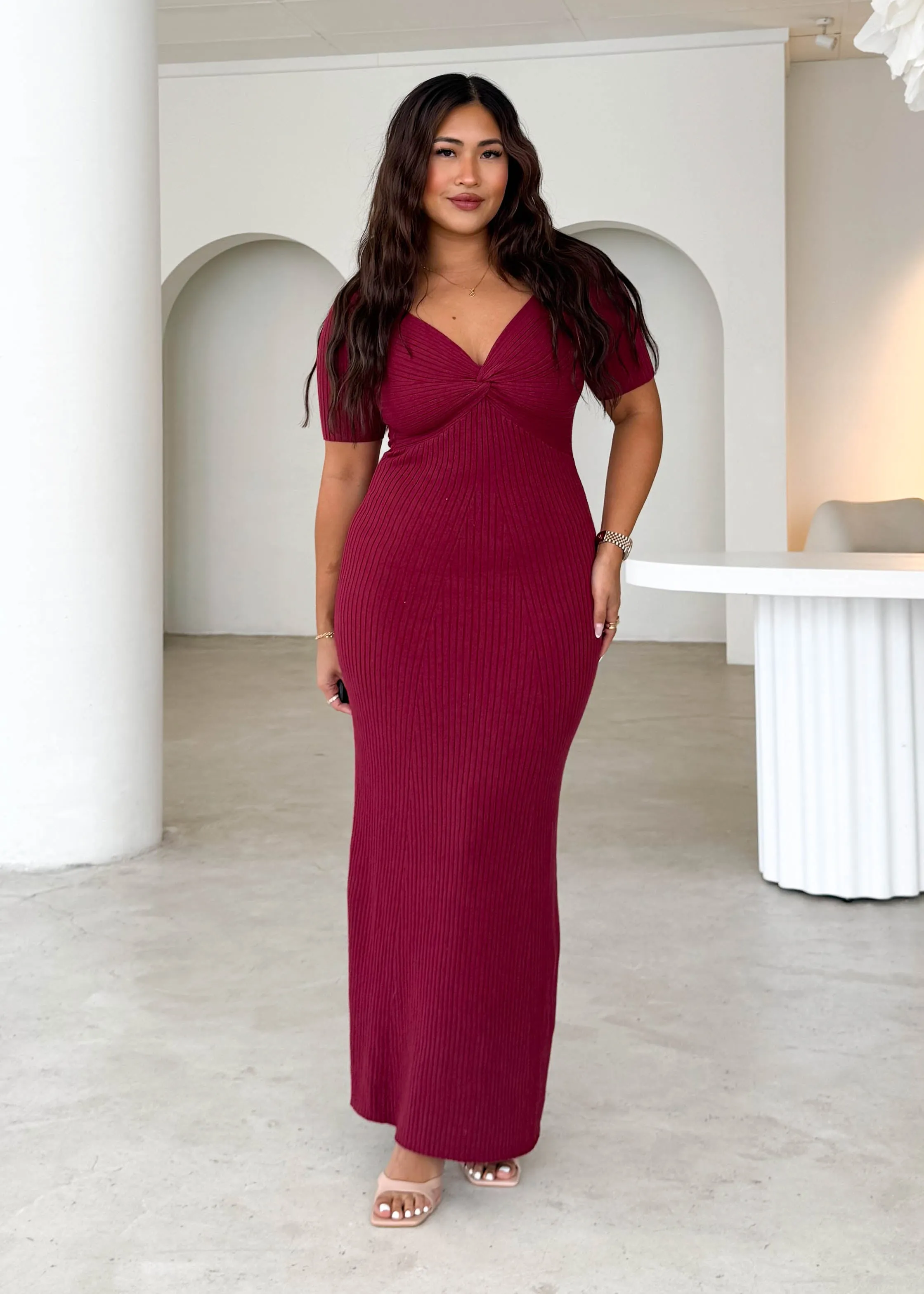 Jayden Knit Midi Dress - Cherry