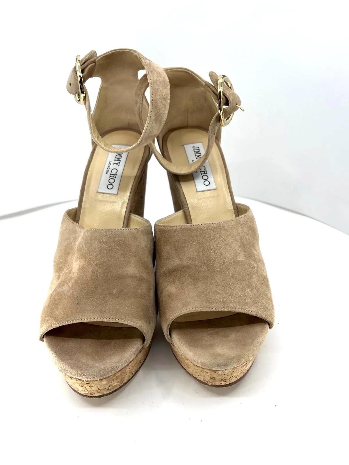 JIMMY CHOO SUEDE NEYO ANKLE WRAP CORK WEDGE HEEL SANDALS