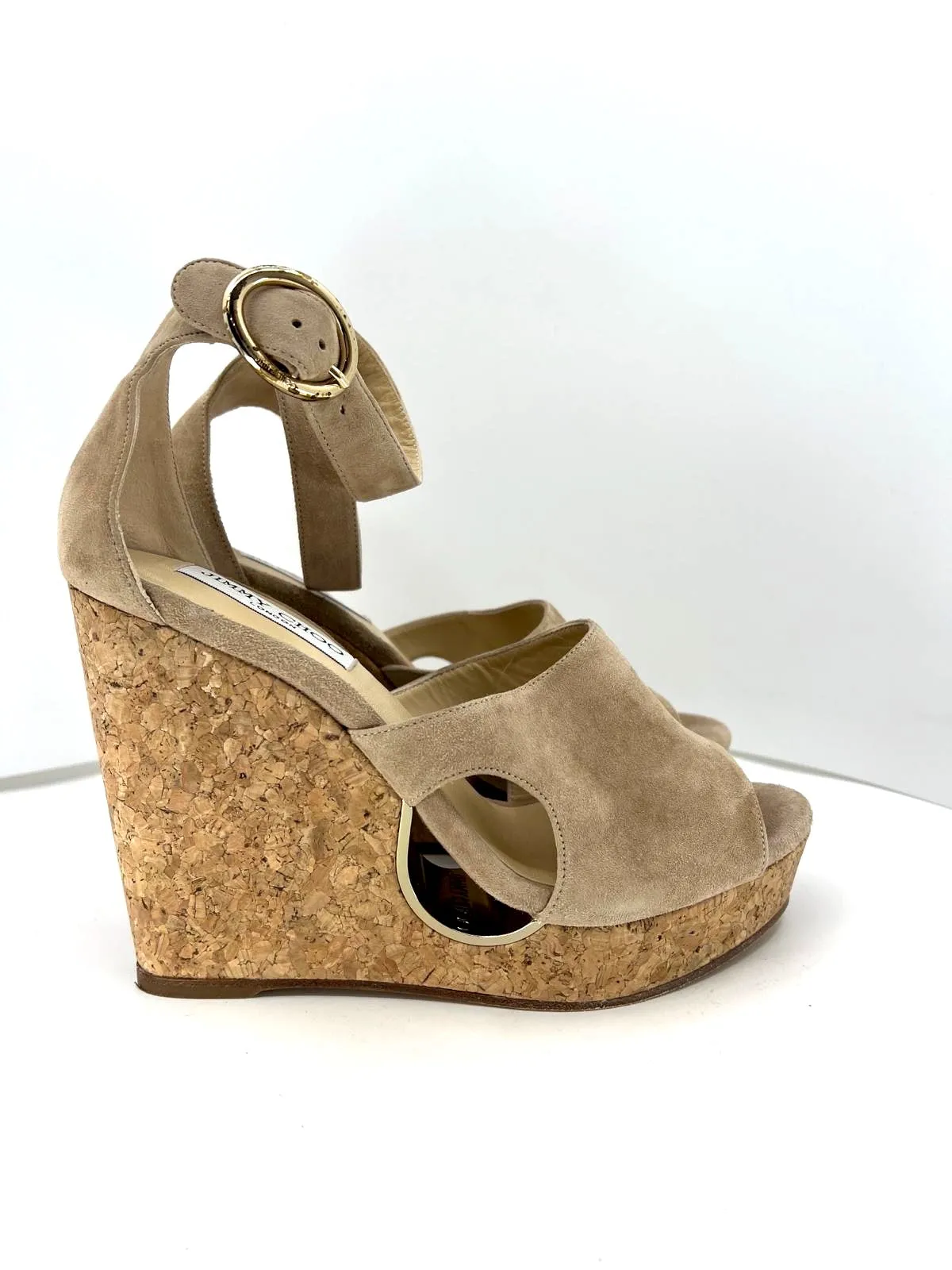 JIMMY CHOO SUEDE NEYO ANKLE WRAP CORK WEDGE HEEL SANDALS