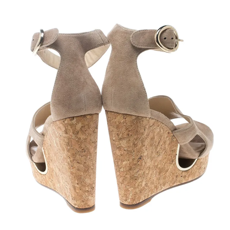 JIMMY CHOO SUEDE NEYO ANKLE WRAP CORK WEDGE HEEL SANDALS
