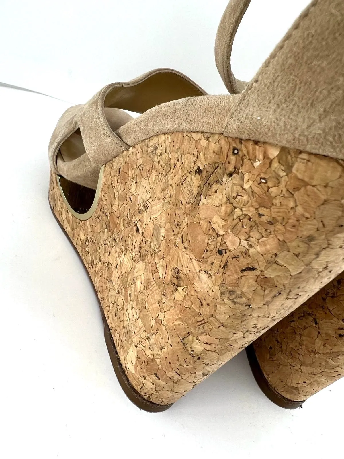JIMMY CHOO SUEDE NEYO ANKLE WRAP CORK WEDGE HEEL SANDALS