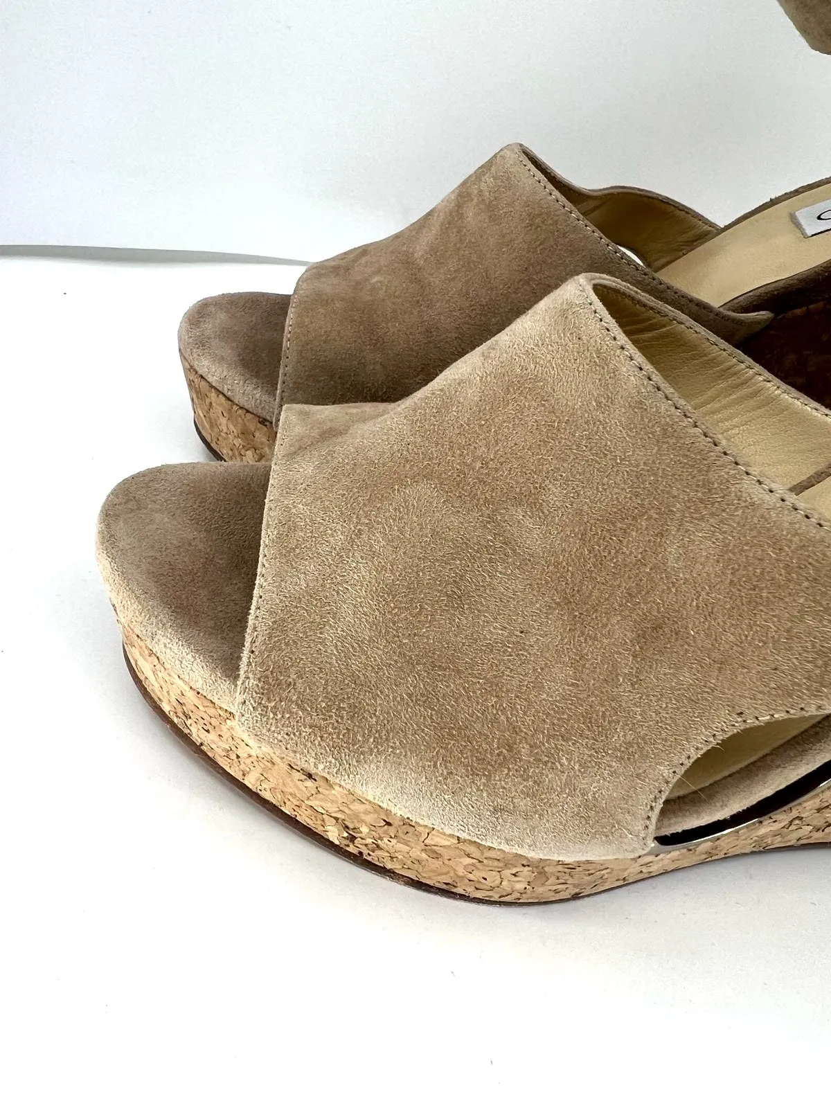 JIMMY CHOO SUEDE NEYO ANKLE WRAP CORK WEDGE HEEL SANDALS