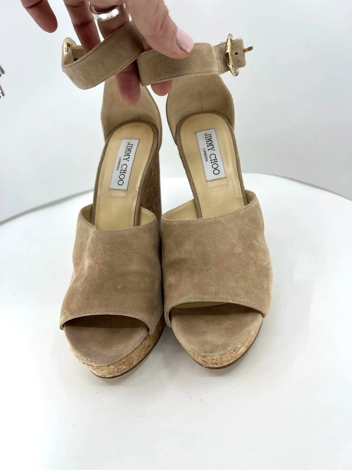 JIMMY CHOO SUEDE NEYO ANKLE WRAP CORK WEDGE HEEL SANDALS