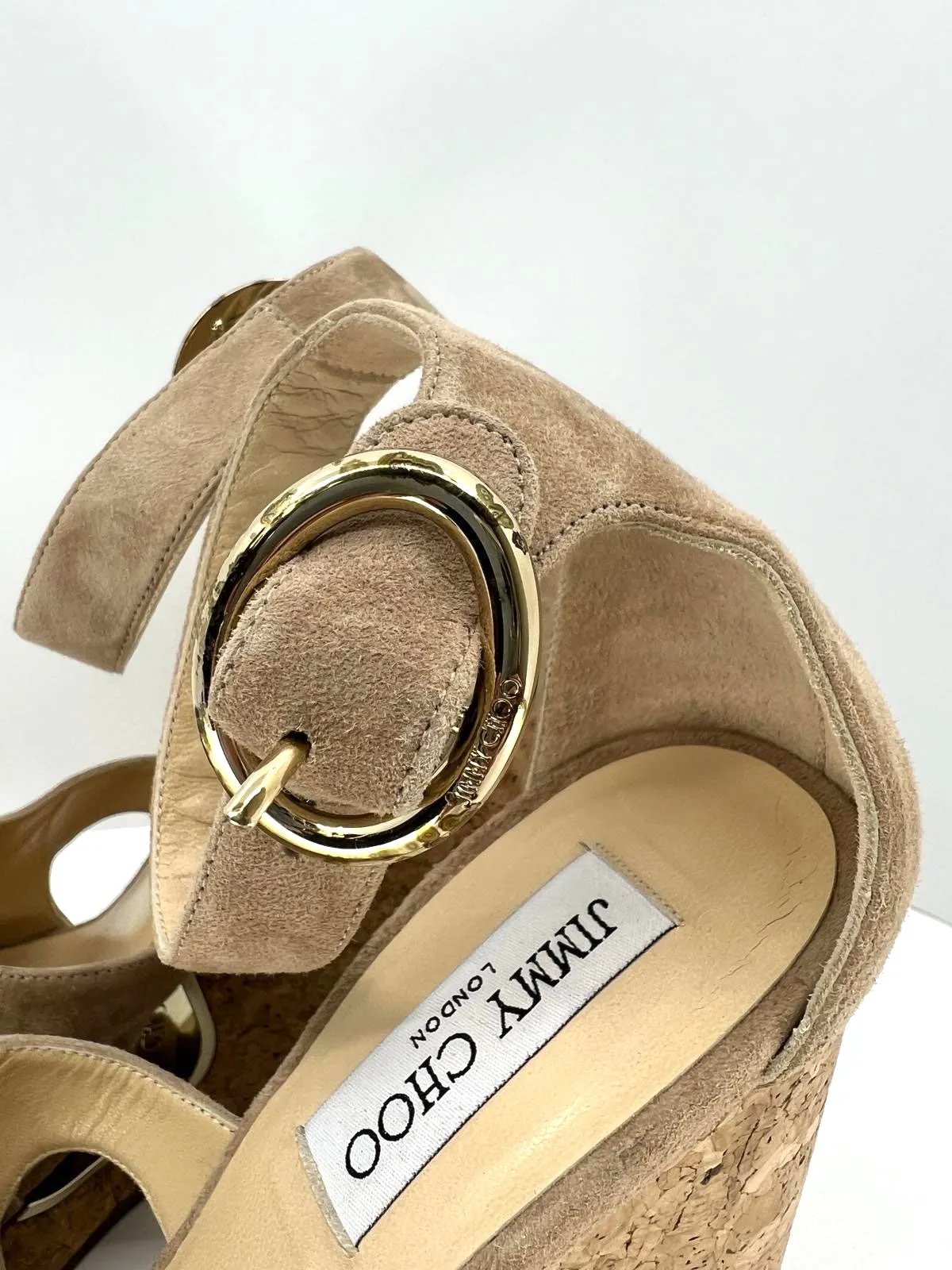 JIMMY CHOO SUEDE NEYO ANKLE WRAP CORK WEDGE HEEL SANDALS