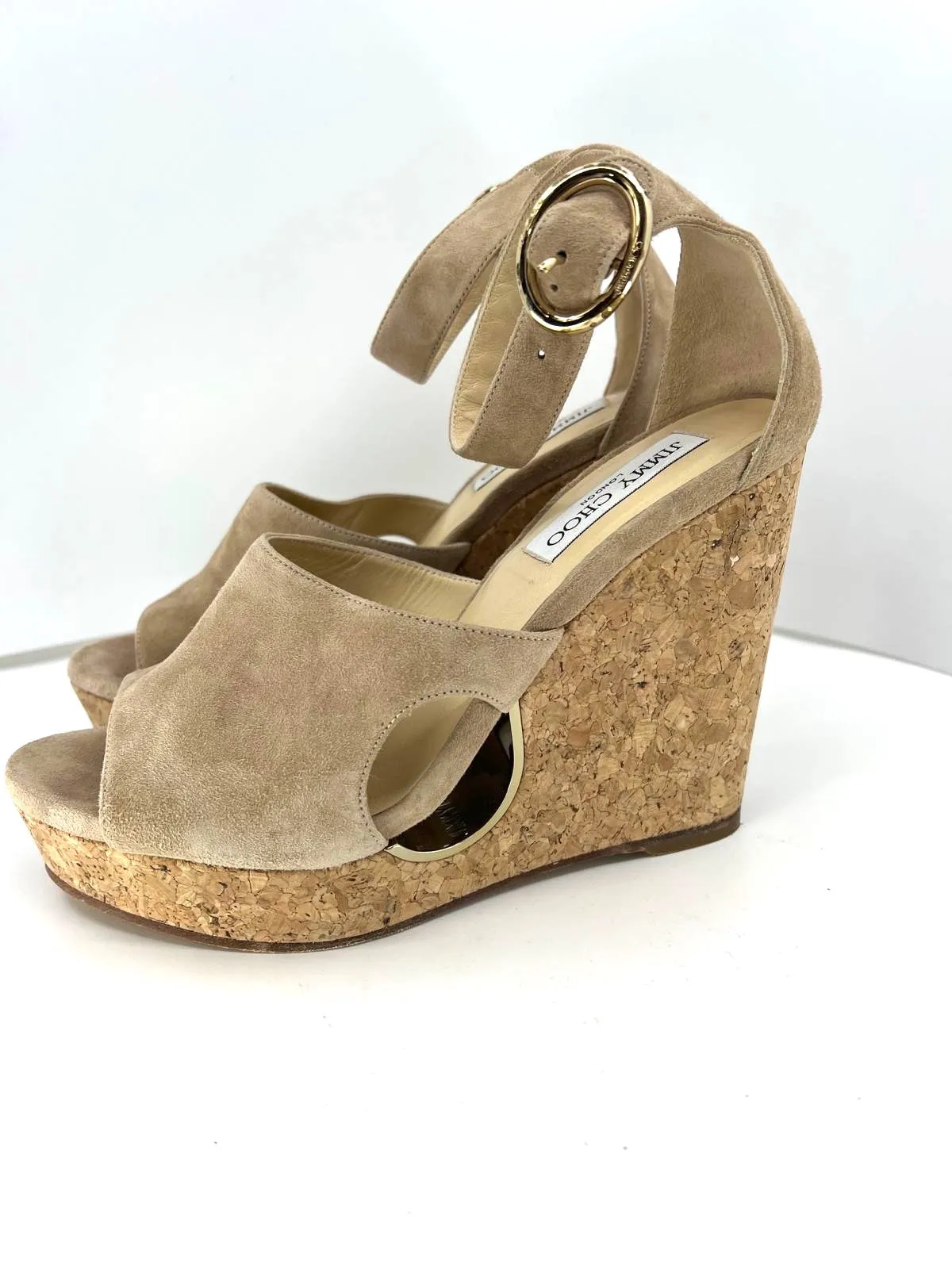 JIMMY CHOO SUEDE NEYO ANKLE WRAP CORK WEDGE HEEL SANDALS