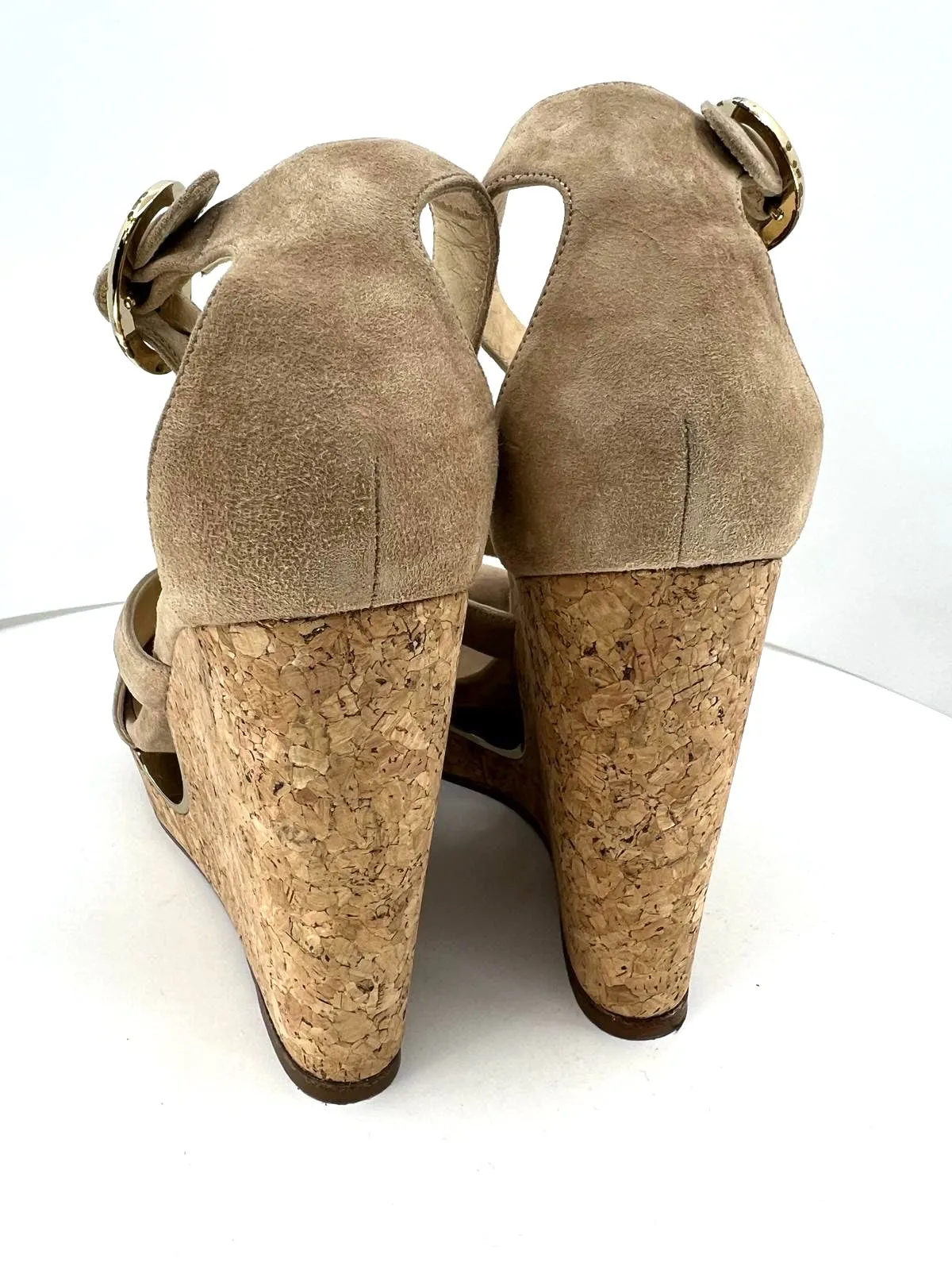 JIMMY CHOO SUEDE NEYO ANKLE WRAP CORK WEDGE HEEL SANDALS