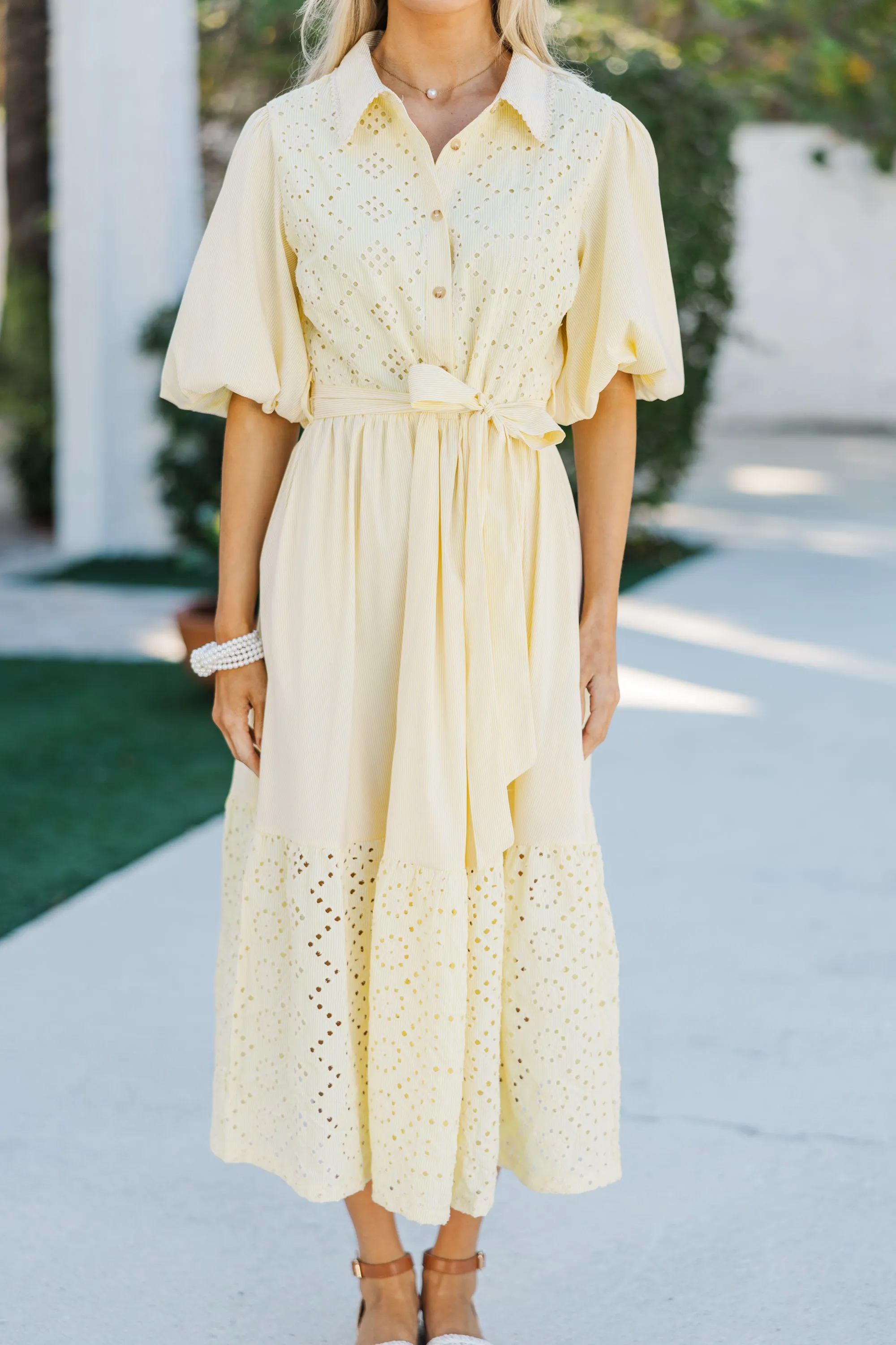 Just Imagine Lemon Yellow Striped Midi Dress