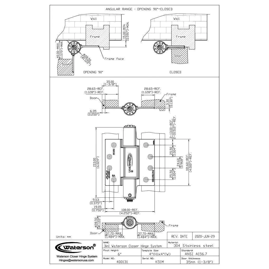 K51M-400-D3 | Heavy Duty Hydraulic Hybrid Self Closing Hinge with Hold Open | 4” x 4” | 304 Stainless Steel | 3 Pack