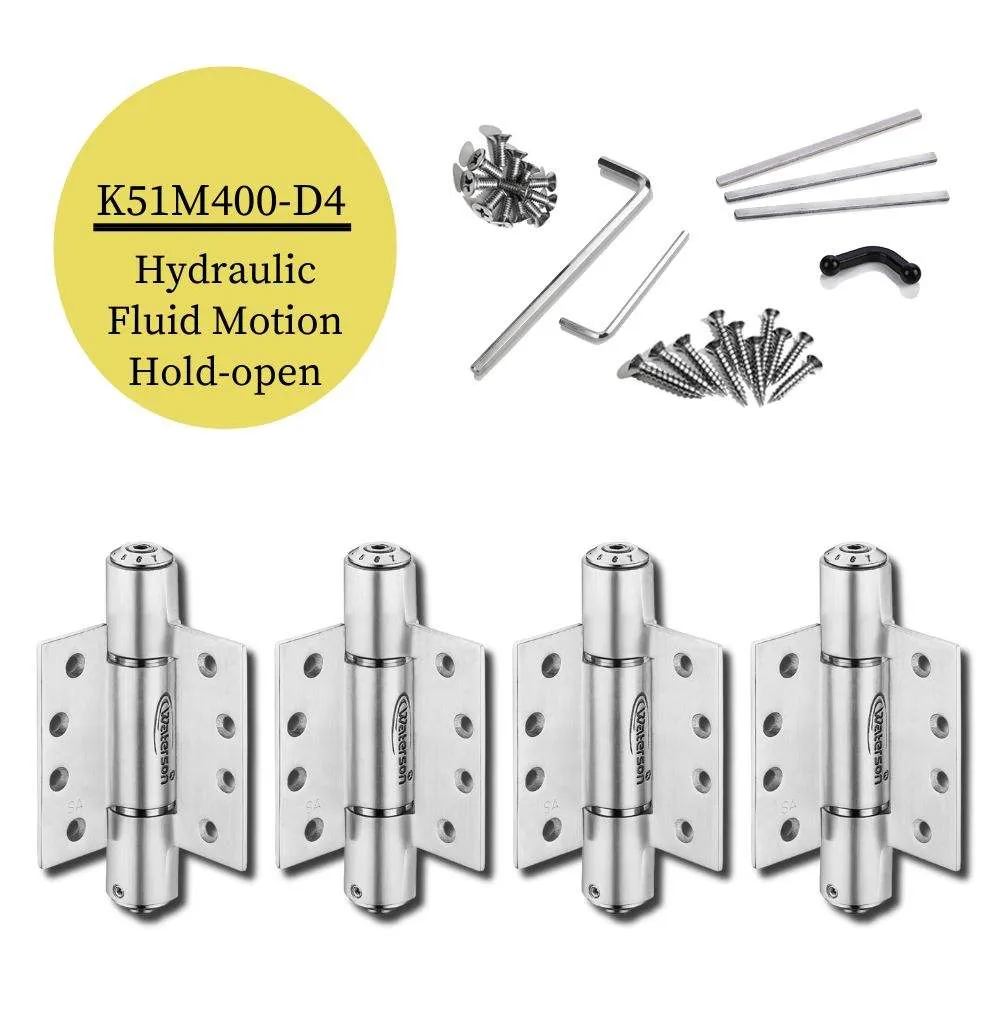 K51M-400-D4 | Heavy Duty Hydraulic Hybrid Self Closing Hinge with Hold Open | 4” x 4” | 8ft | 304 Stainless Steel | 4 Pack