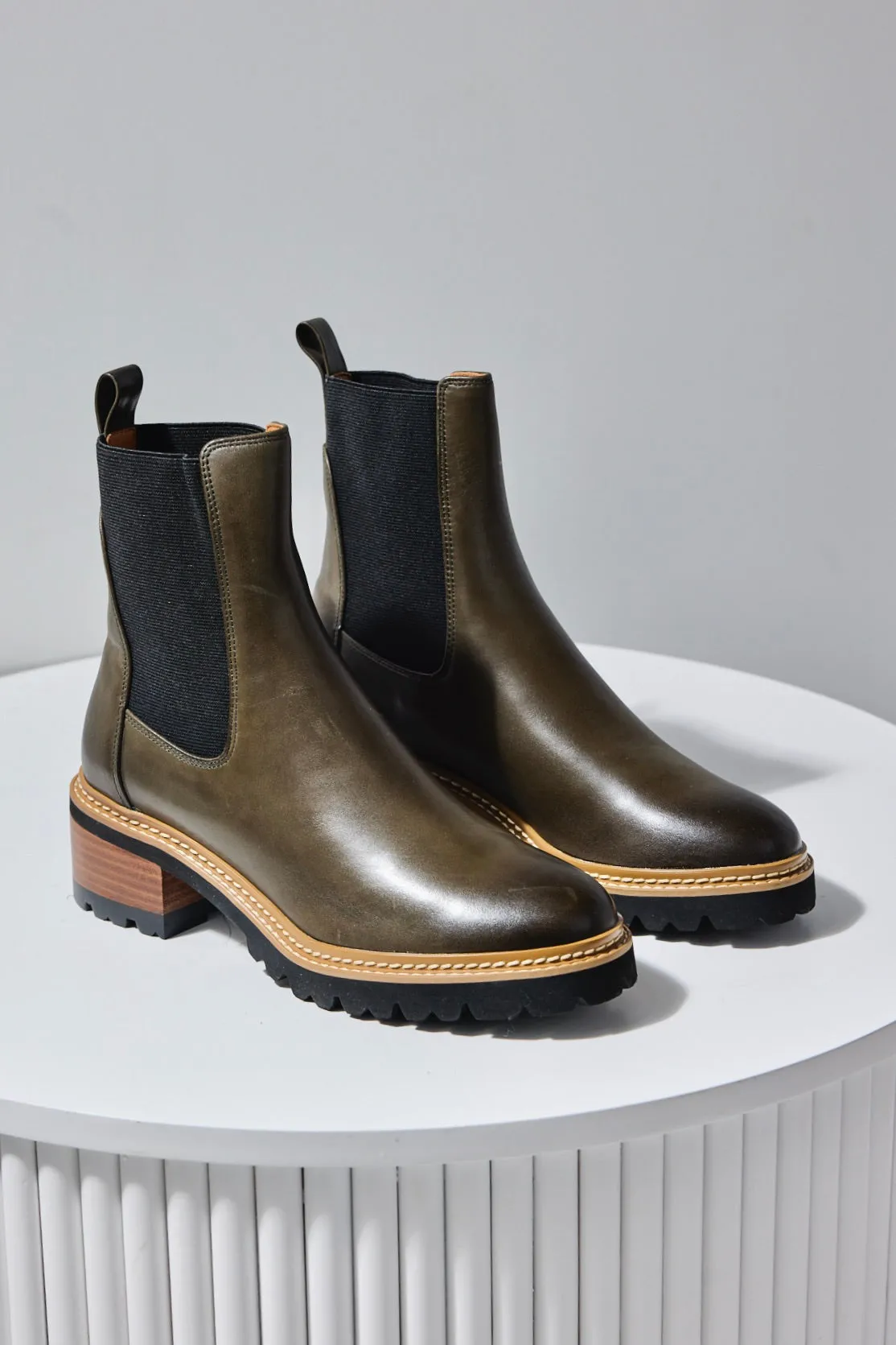 Linear Olive Chelsea Elastic Ankle Boot