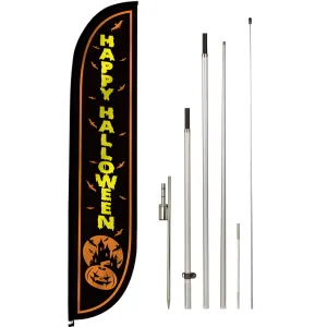 LookOurWay Feather Flag Pole Kit - 12 Feet Tall Advertising Flag Banner with Fiberglass Pole Kit and Ground Spike for Business Promotion - Halloween Flag - Happy Halloween (10M1200086)