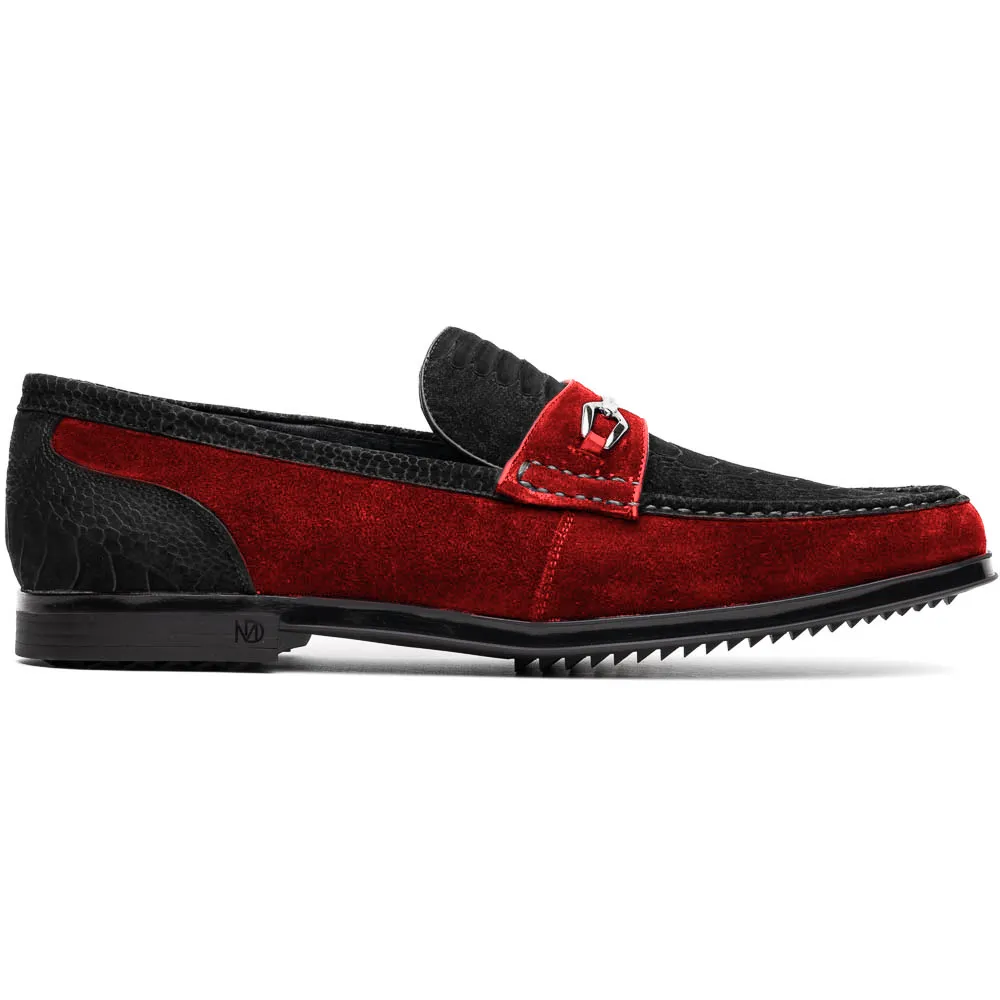Marco Di Milano Hugo in Black / Red Sueded Ostrich Leg Bit Loafers
