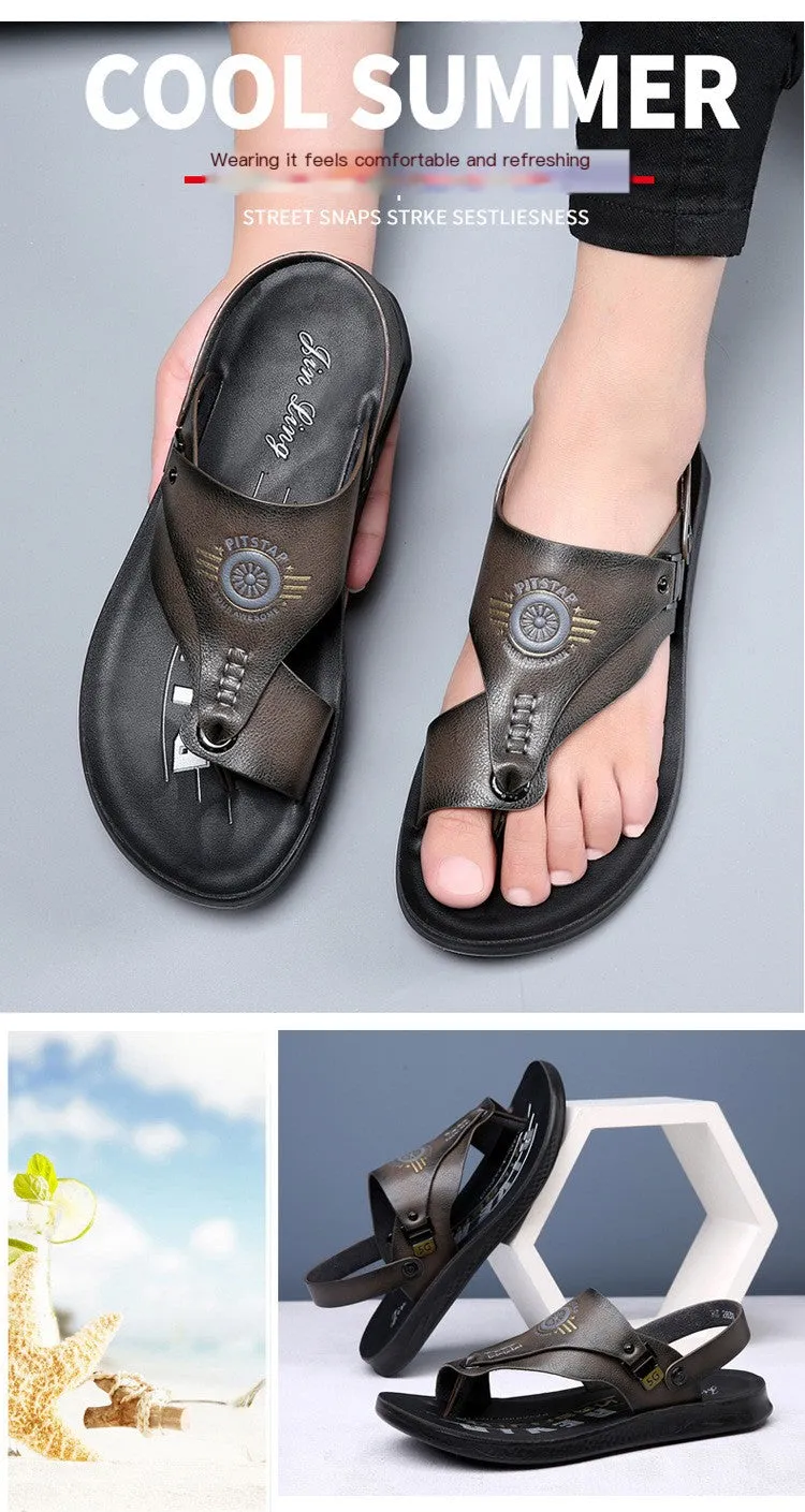 Men's Luxury Leather Flip Sandals - Black (Single Pair)