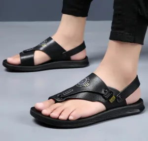 Men's Luxury Leather Flip Sandals - Black (Single Pair)
