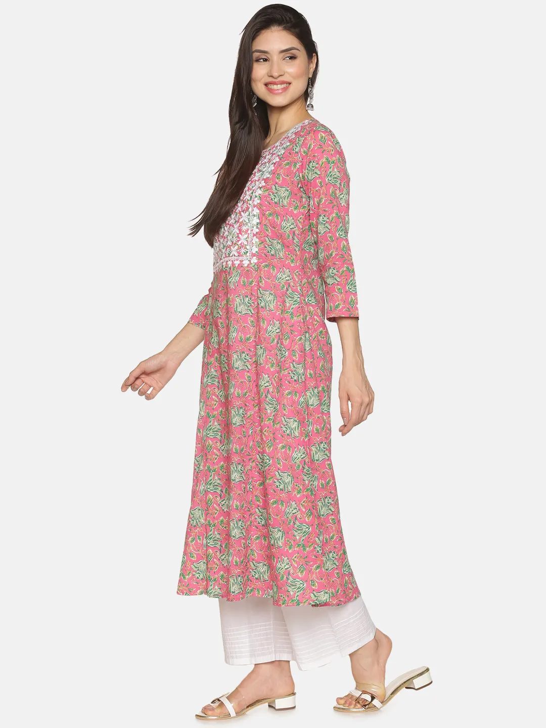 Pink Cotton Floral Printed A-line Kurta with Lucknowi Chikankari Embroidered Neck