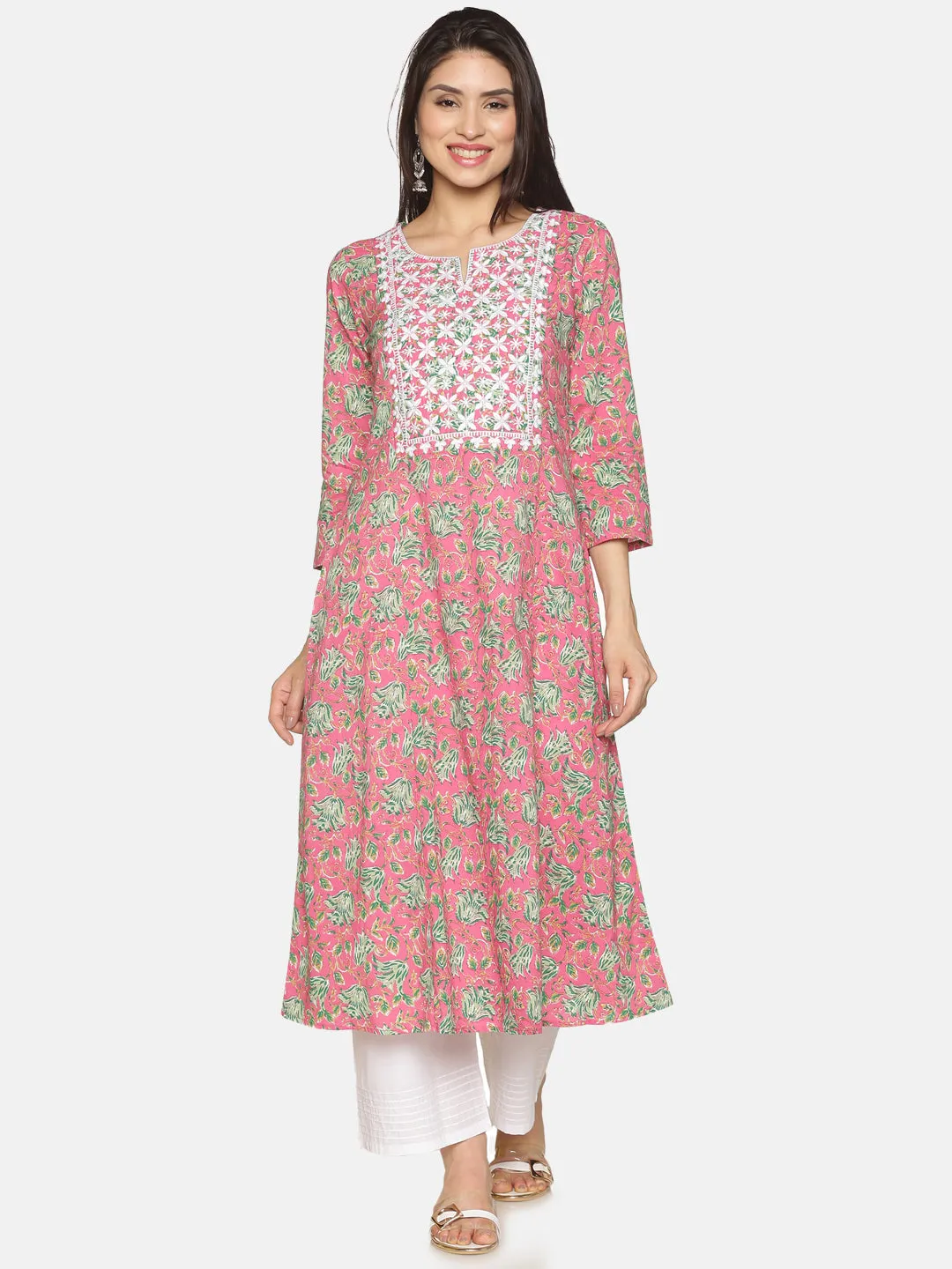 Pink Cotton Floral Printed A-line Kurta with Lucknowi Chikankari Embroidered Neck