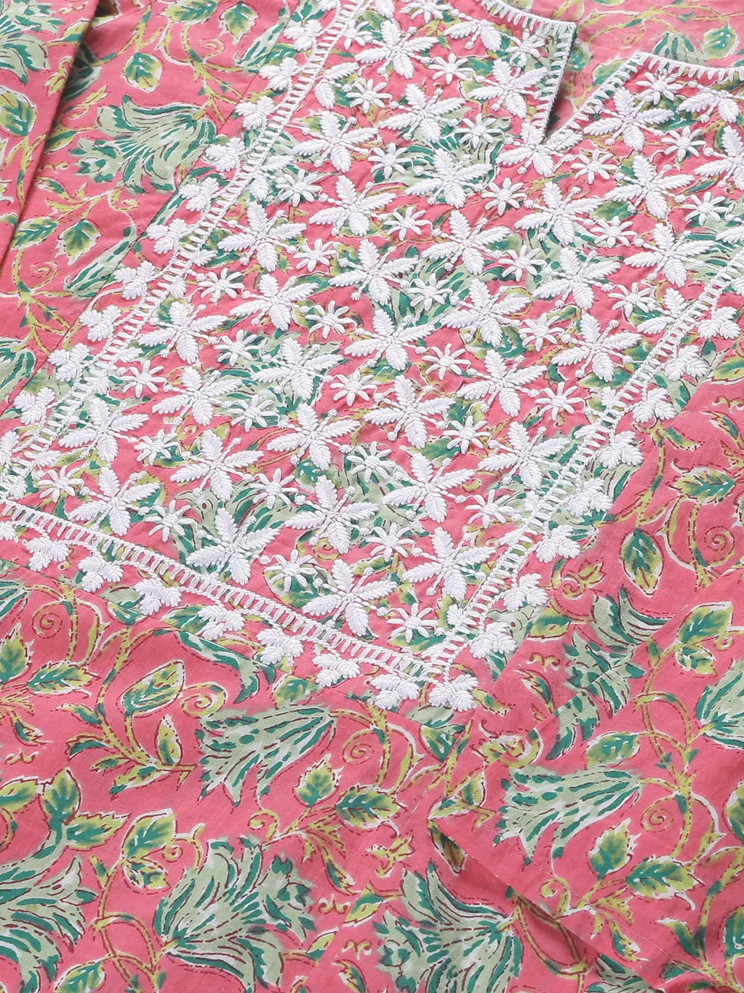 Pink Cotton Floral Printed A-line Kurta with Lucknowi Chikankari Embroidered Neck