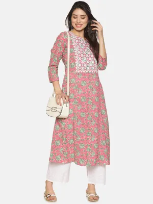 Pink Cotton Floral Printed A-line Kurta with Lucknowi Chikankari Embroidered Neck