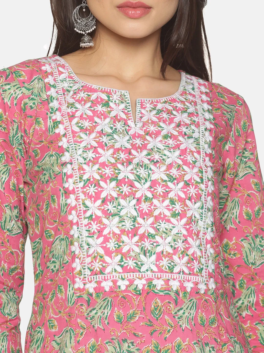 Pink Cotton Floral Printed A-line Kurta with Lucknowi Chikankari Embroidered Neck