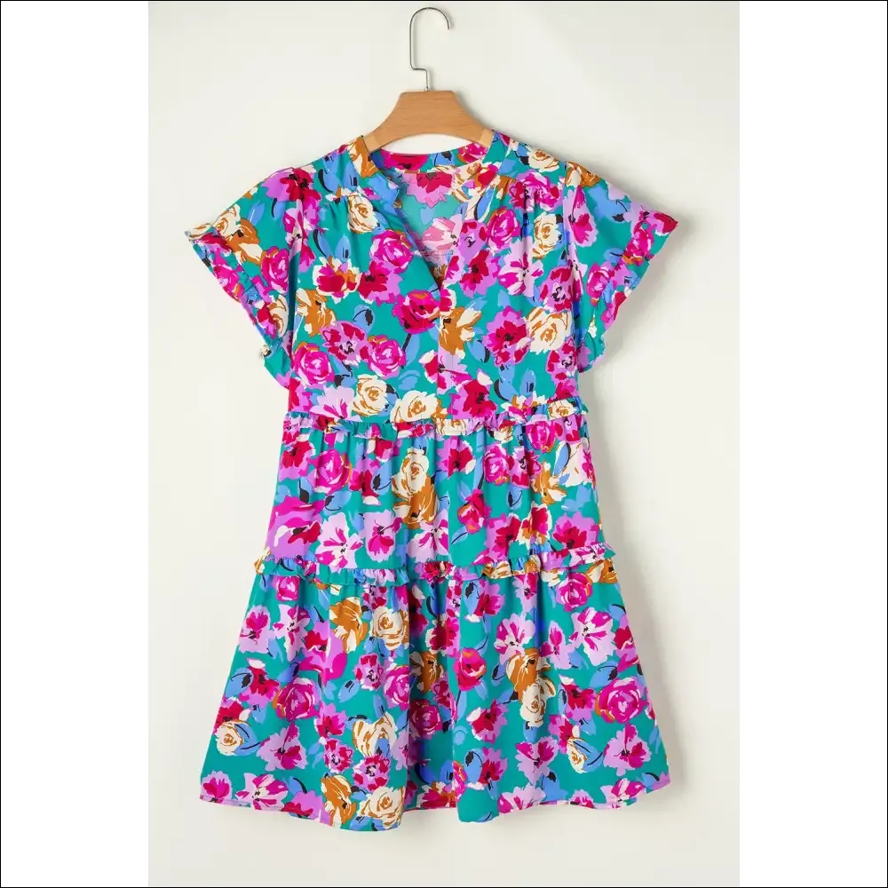 Playful Ruffled Notched Short Sleeve Mini Dress