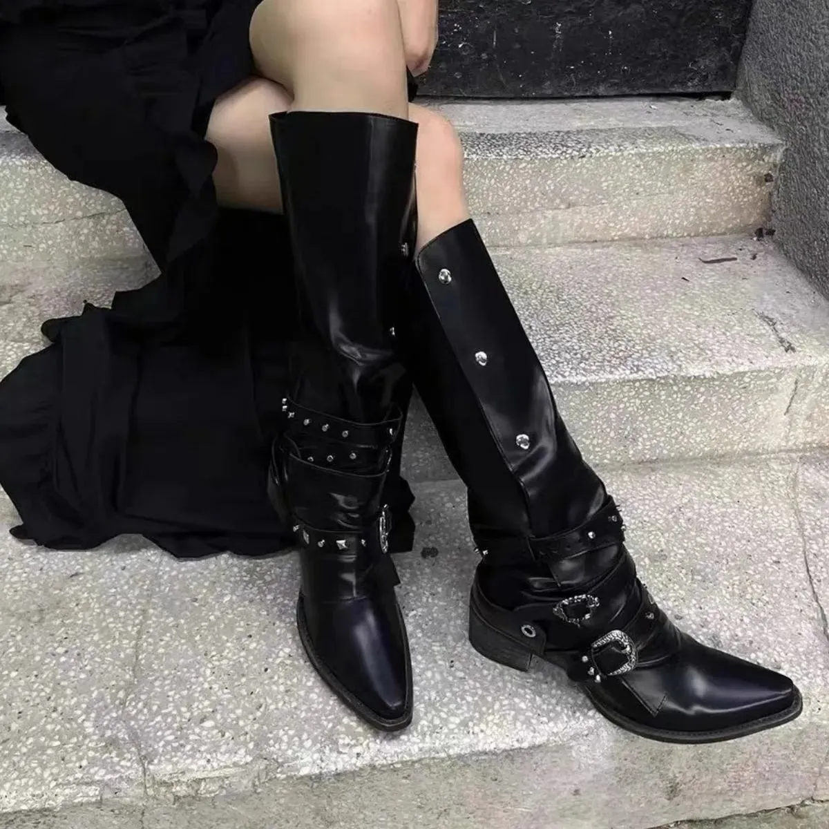Point Toe Block Heels Boots