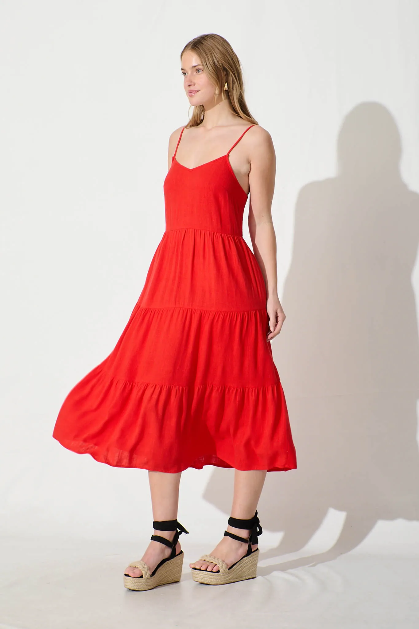 Red Linen Blend Midi Sundress - Utopia Style