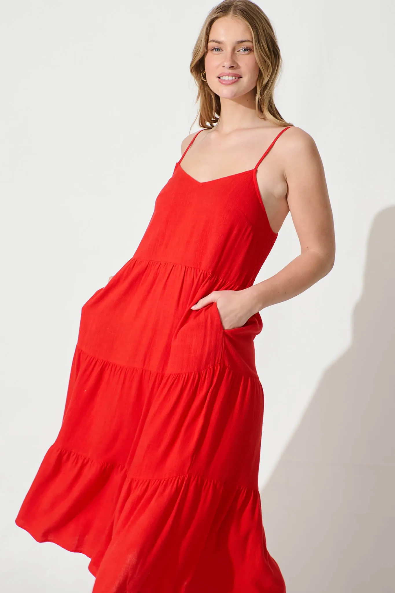 Red Linen Blend Midi Sundress - Utopia Style