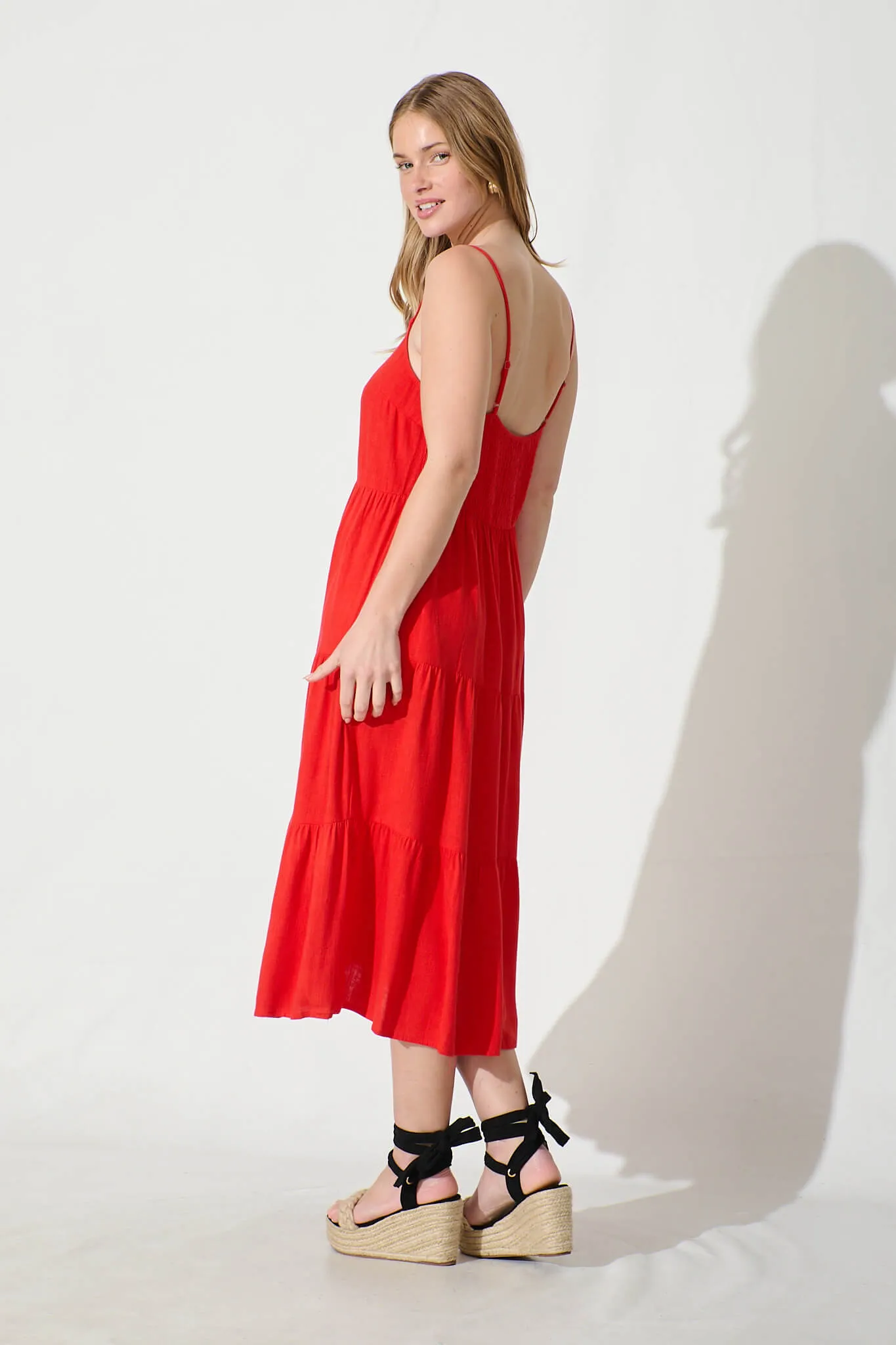 Red Linen Blend Midi Sundress - Utopia Style