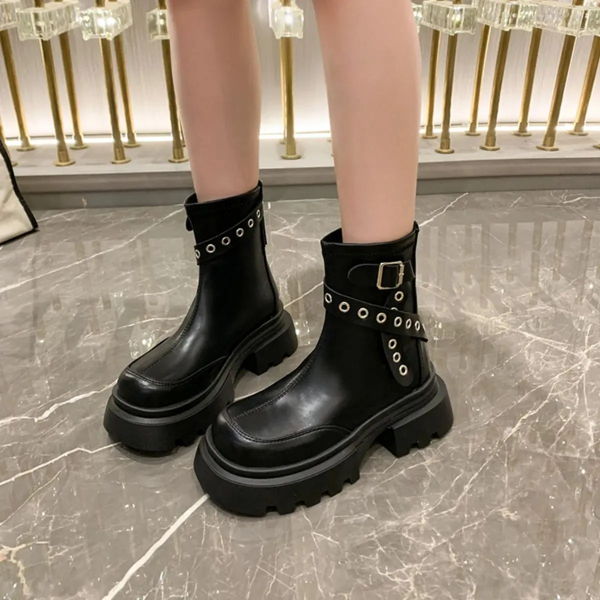 Rubber Grommet Chain Platform Boots