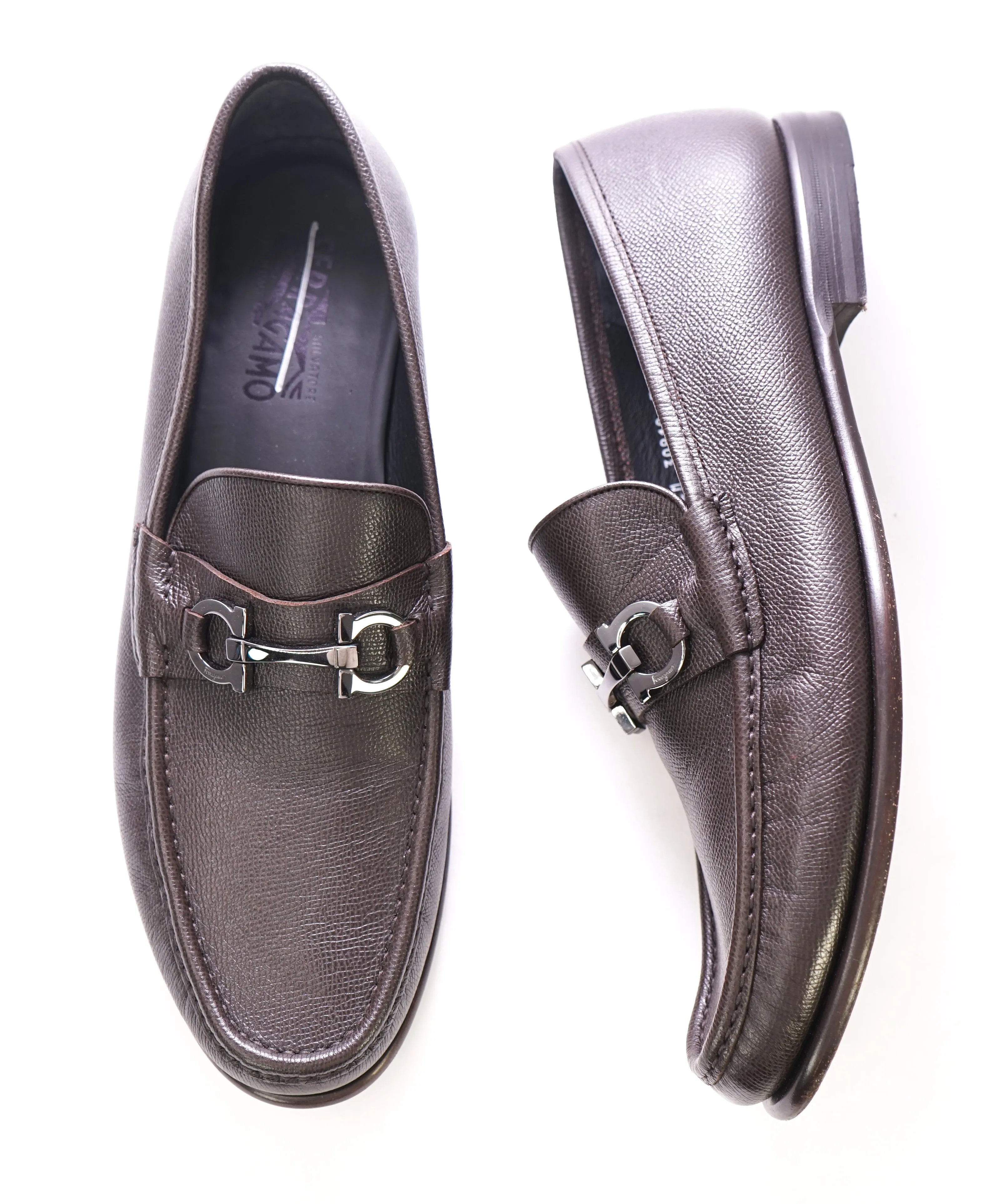 SALVATORE FERRAGAMO - "Crown Bit Loafer" Brown Pebbled Leather  - 13 E