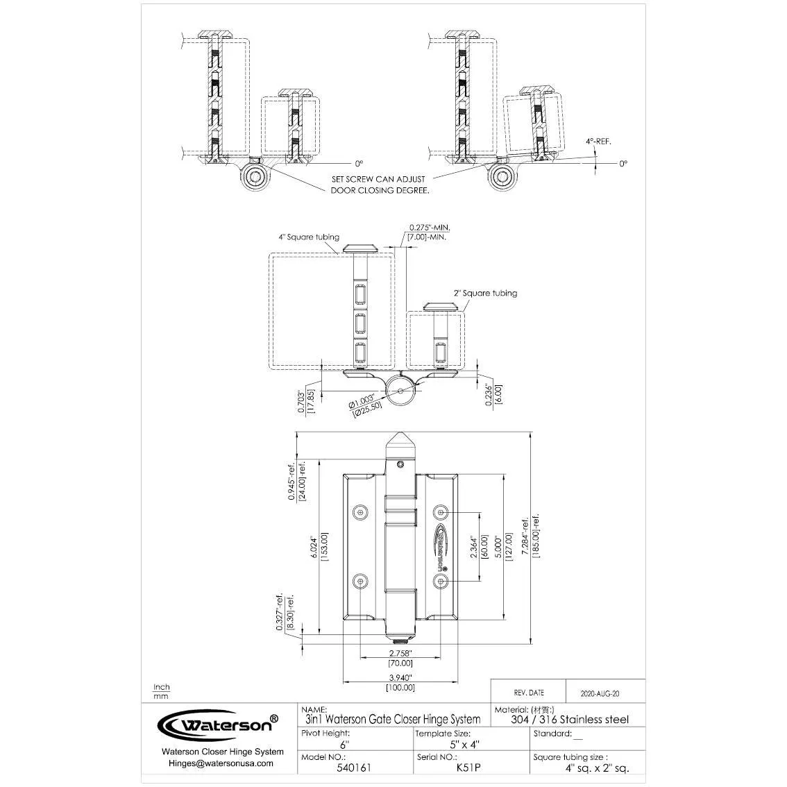 Self Closing Gate Hinges | 7ft | SS304 | K51P-A3 | 3 Pack