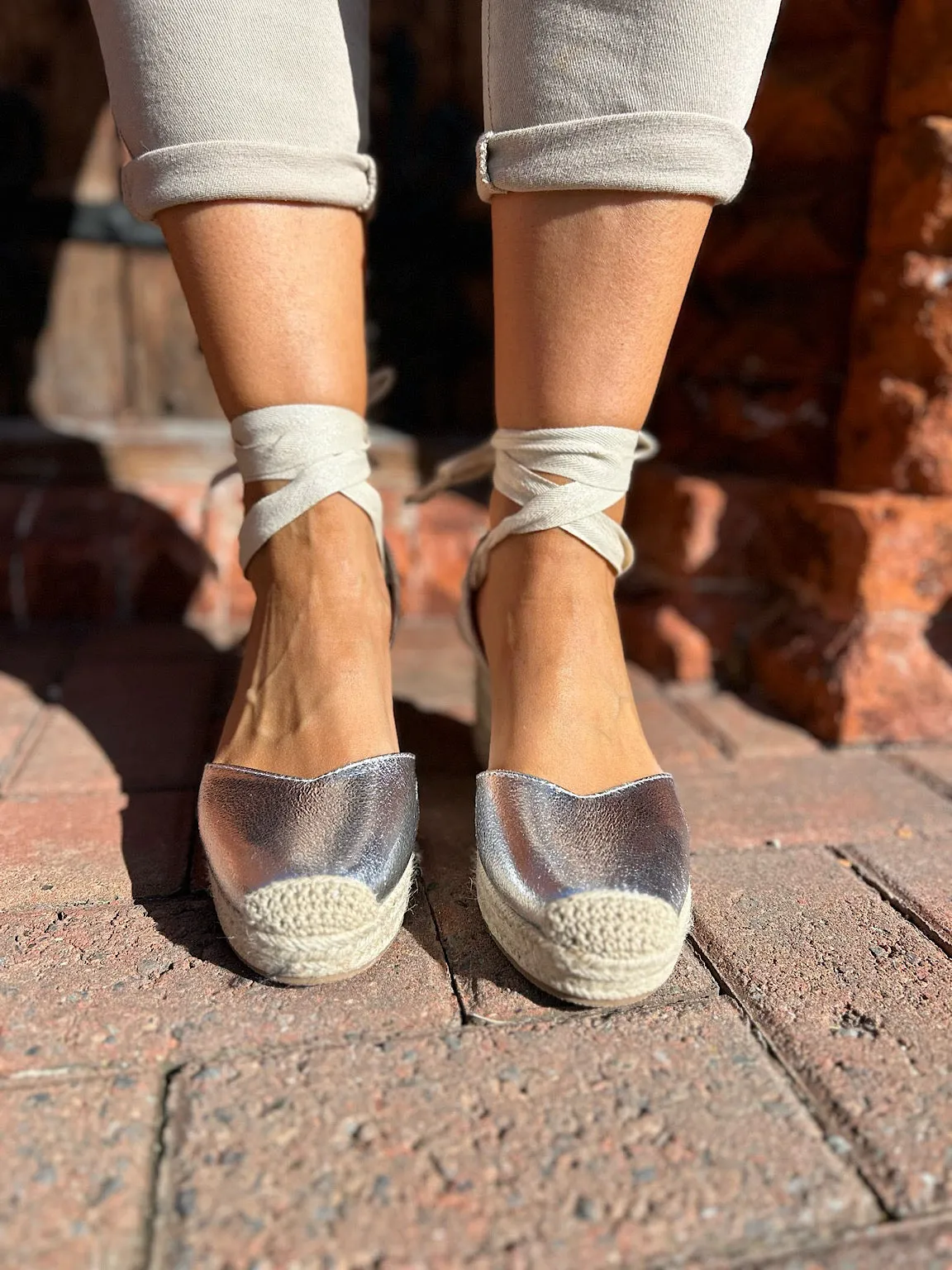 Silver Lace Up Espadrille Wedge