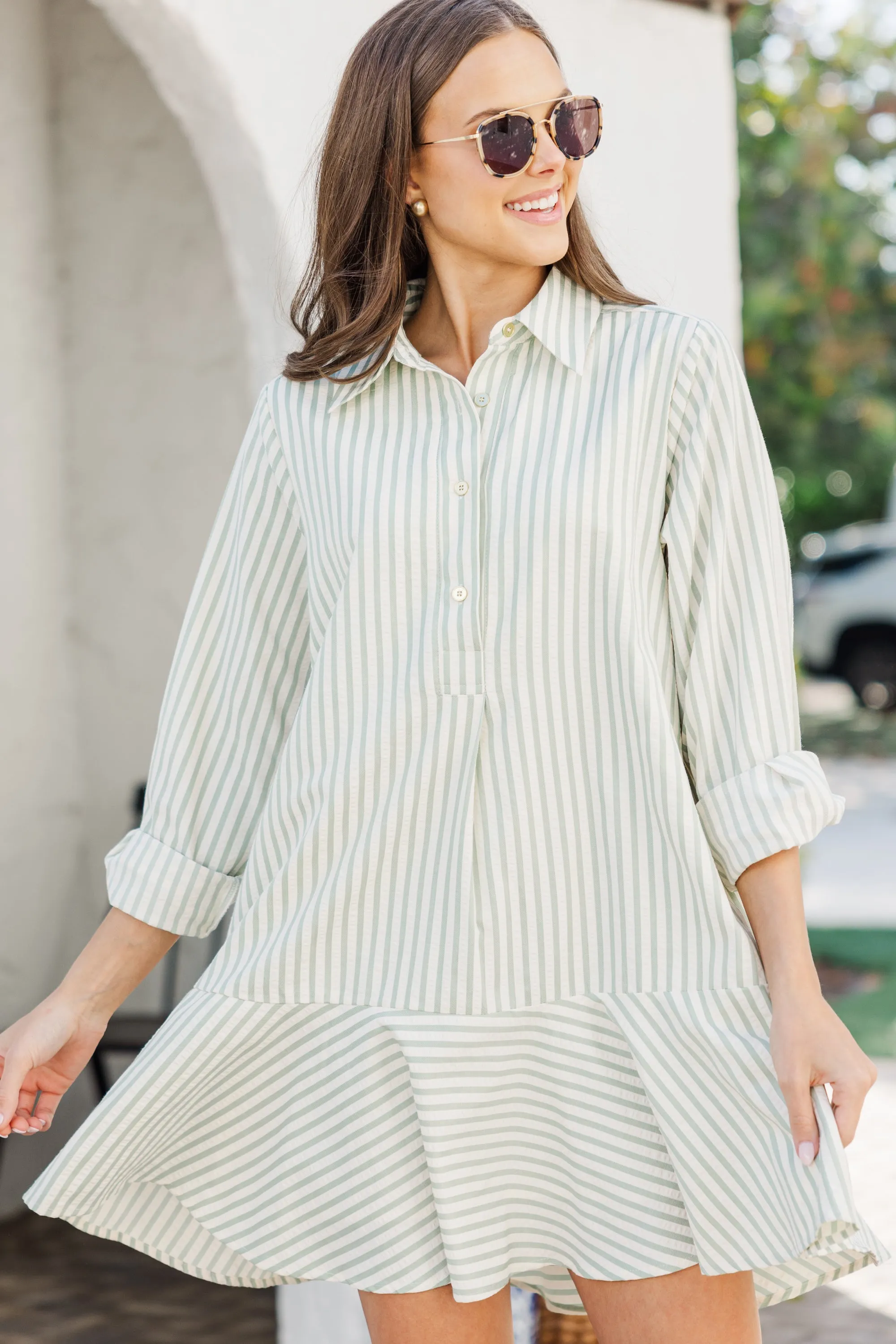 The Mover Sage Green Striped Dress