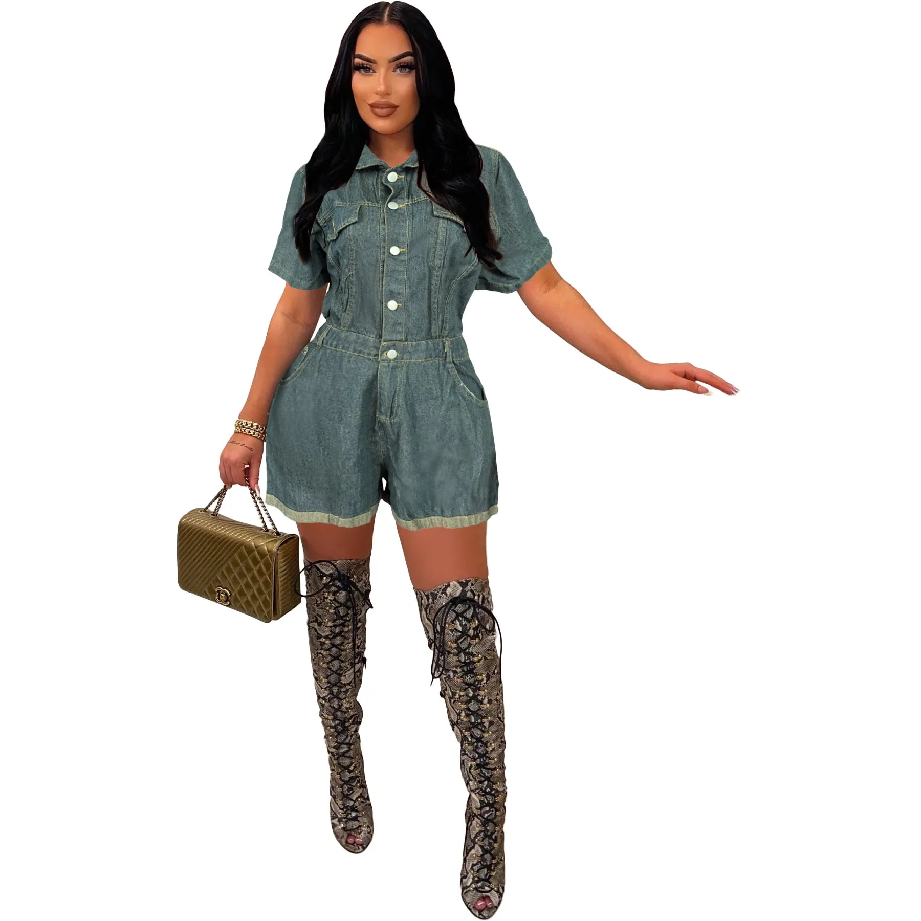 Timeless Button-Up Denim Pocket Romper Playsuit