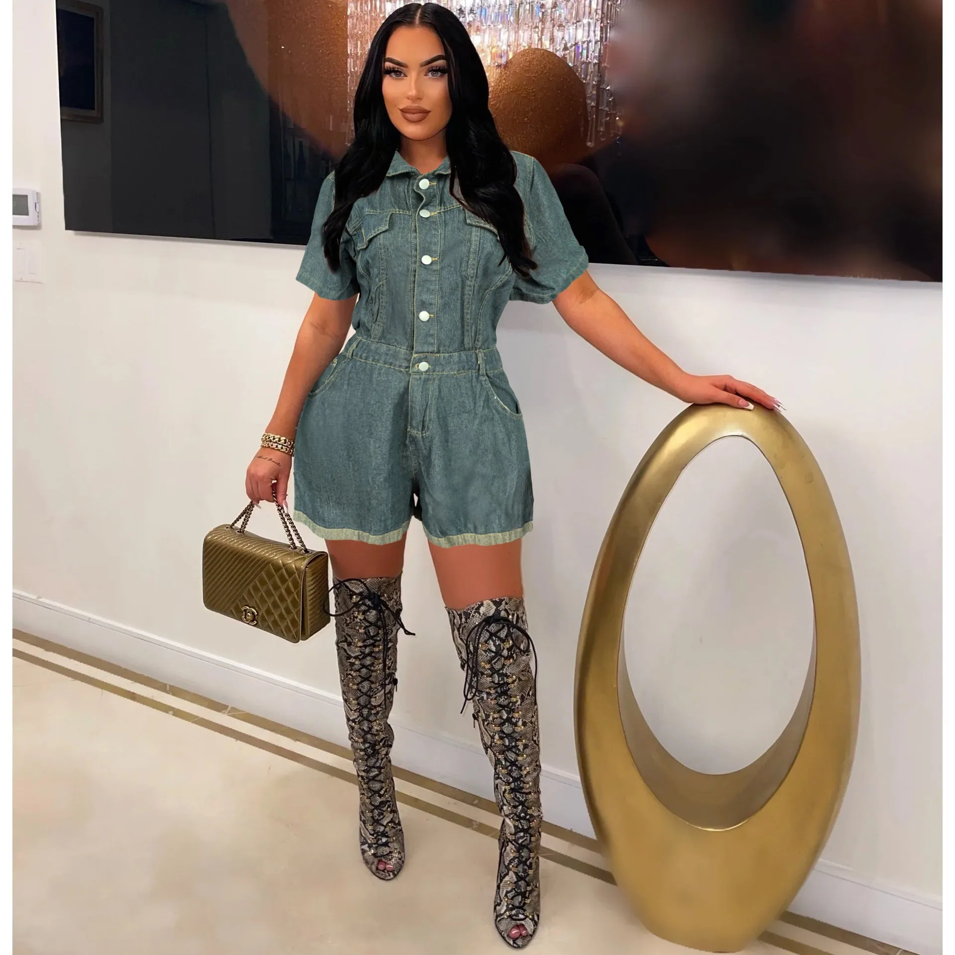 Timeless Button-Up Denim Pocket Romper Playsuit
