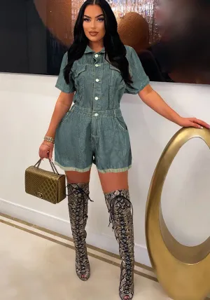 Timeless Button-Up Denim Pocket Romper Playsuit