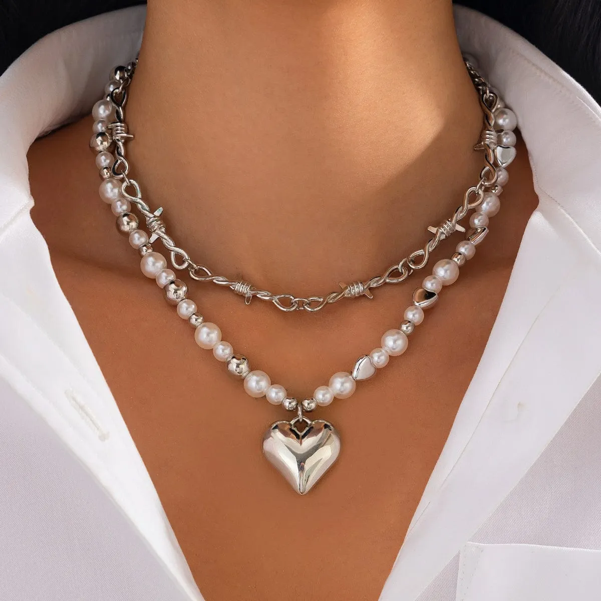Trendy 2pcs Gold Silver Plated Heart Pendant Pearl Necklace Set