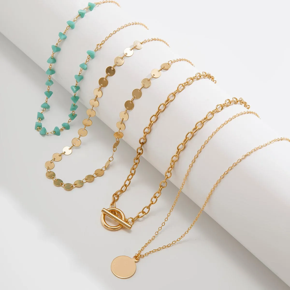 Trendy Layered Toggle Clasp Round Disk Pendant Crystal Stone Necklace Set