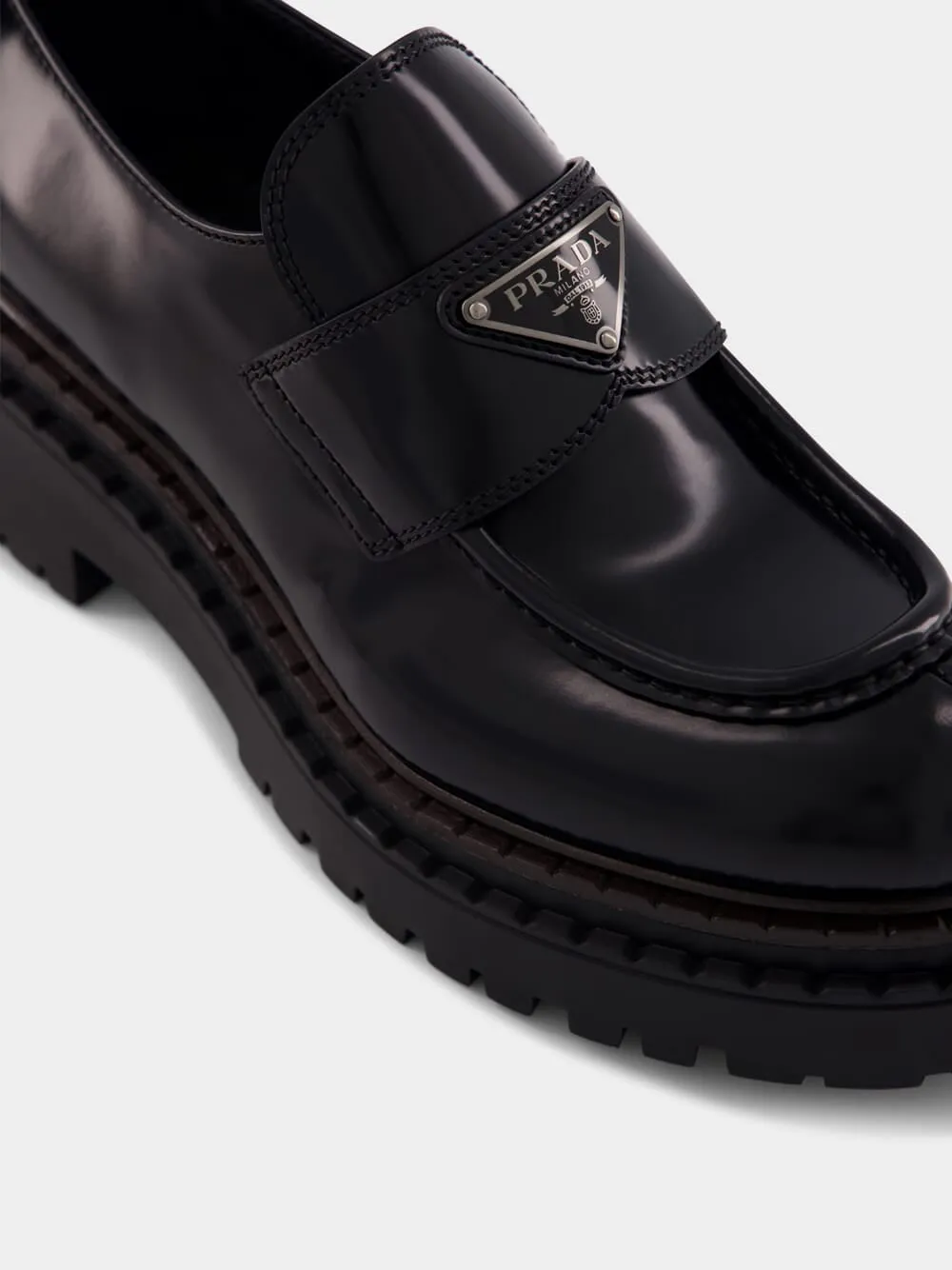 Triangle-Logo Brushed Leather Loafers