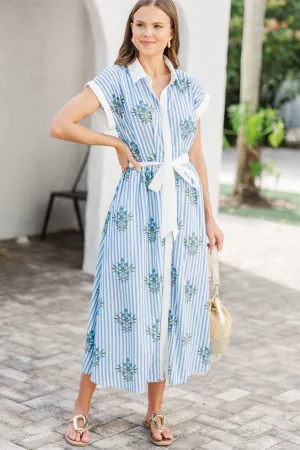 Walk Along Blue Striped Floral Midi Dress